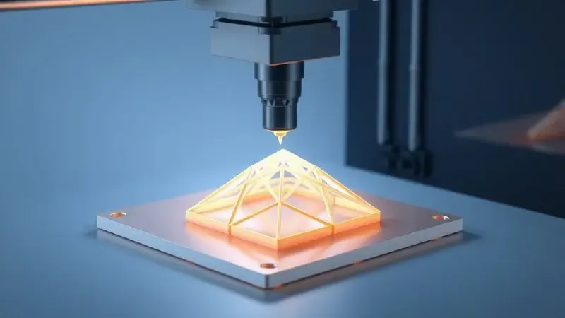 Ilustração digital detalhando o processo de deposição de material camada por camada em uma impressora 3D conceitual.