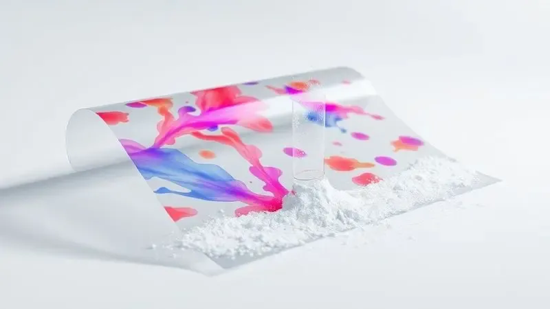 Ilustração digital 3D do processo de impressão DTF mostrando o filme de transferência, tintas coloridas e o pó adesivo de forma conceitual.