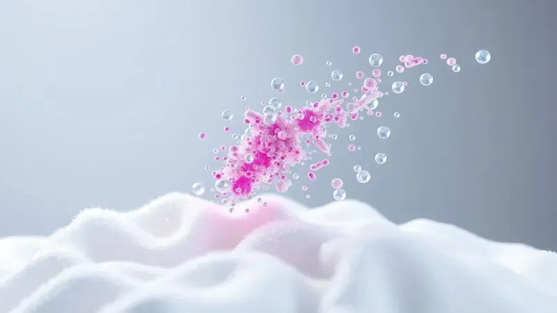 Renderização 3D conceitual do processo químico de sublimação com partículas de cor se fundindo a fibras de tecido.