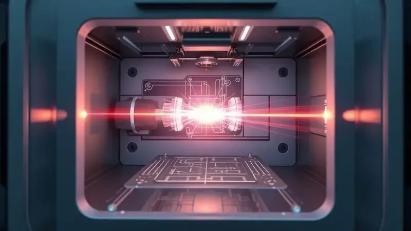 Renderização 3D conceitual do funcionamento interno de uma impressora a laser destacando a tecnologia do feixe de luz.