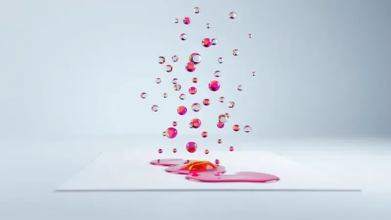 Representação 3D de gotas de tinta líquida microscópicas sendo aplicadas sobre uma superfície de papel, ilustrando a tecnologia jato de tinta.