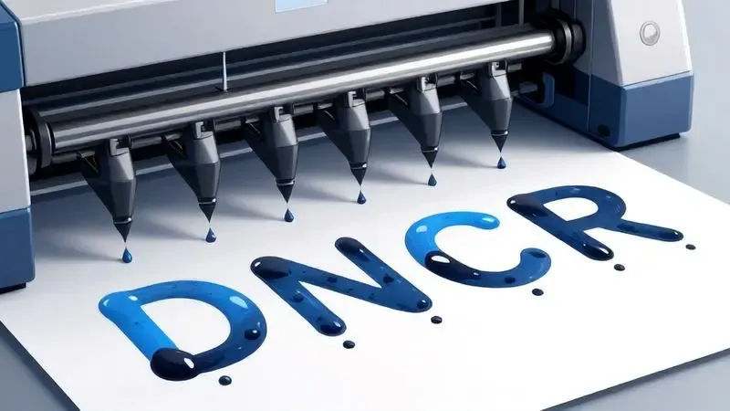 Ilustração do funcionamento da tecnologia jato de tinta com gotas de tinta formando texto