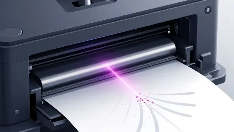 Ilustração do funcionamento da tecnologia laser com feixe e toner transferindo para papel