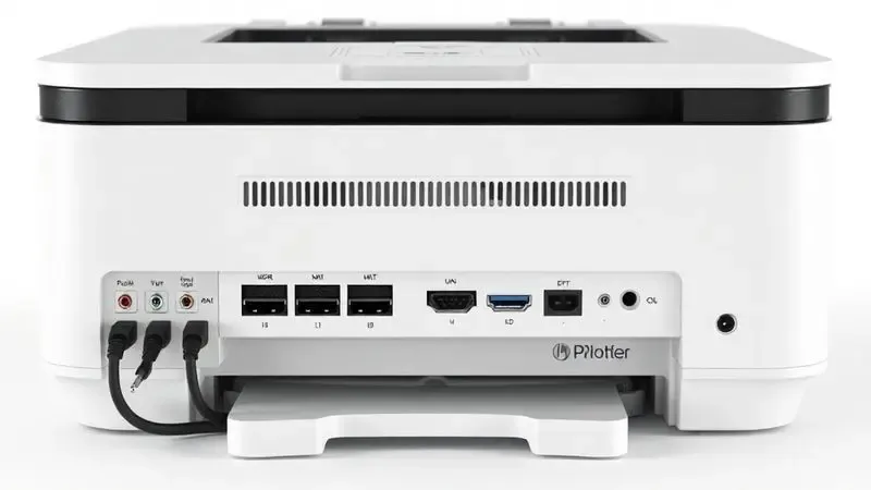 Ilustração conceitual das portas de conectividade e cabos de uma impressora matricial genérica.