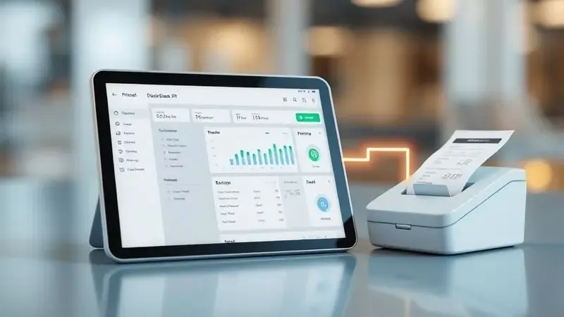 Representação digital da integração de software entre tablet de pedidos e impressora de cupom.