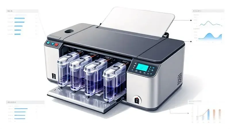 Diagrama conceitual ilustrando sistema de cálculo de nível de tinta em impressora com cartões transparentes