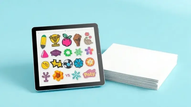Tablet exibindo designs de adesivos coloridos ao lado de uma pilha de folhas de vinil prontas para impressão.
