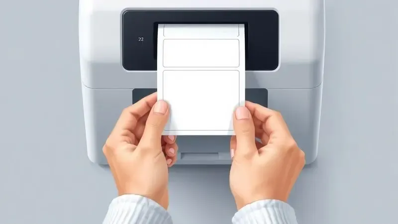 Ilustração digital de mãos manuseando uma fita de etiquetas adesivas saindo de uma impressora moderna e sem marca.