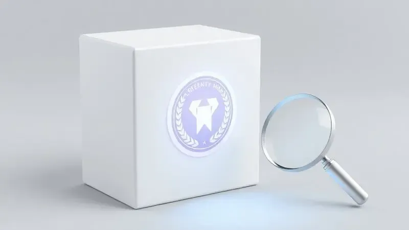 Ilustração de uma embalagem genérica com um selo holográfico de segurança brilhante para verificação de autenticidade.