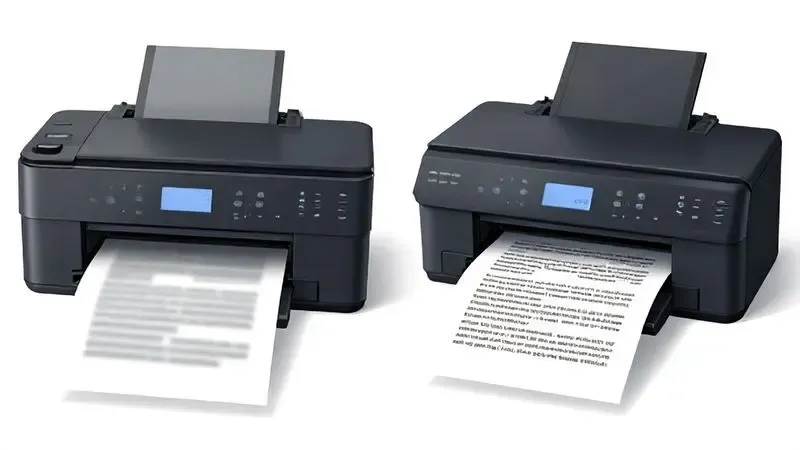 Ilustração conceitual comparando resultados de impressão com e sem calibração adequada