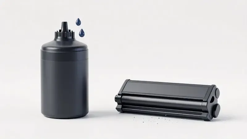 Representação visual comparativa entre cartuchos de tinta líquida e toner em pó