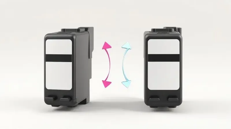 Comparação visual entre dois cartuchos de tinta estilizados mostrando diferenças conceituais