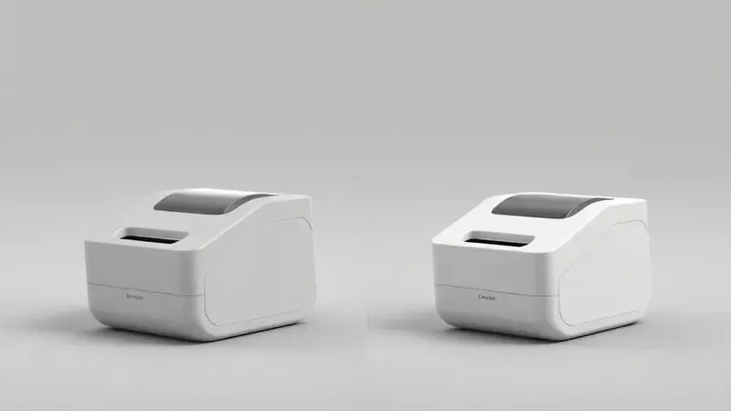 Comparação visual em 3D de dois designs diferentes de etiquetadoras portáteis destacando formas e proporções.