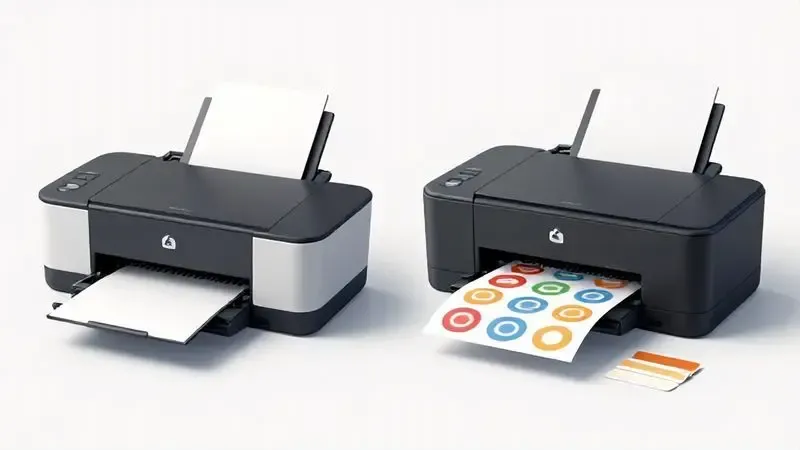Ilustração digital comparando configurações de impressora comum versus impressora especializada para adesivos.