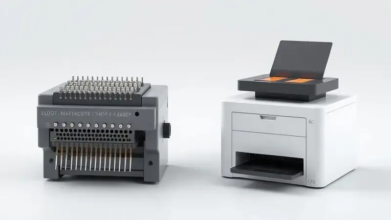 Ilustração conceitual comparando mecanismos de impressão matricial e térmica lado a lado