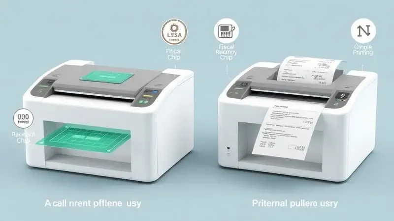 Comparação conceitual entre impressora térmica fiscal e não fiscal com elementos visuais distintos