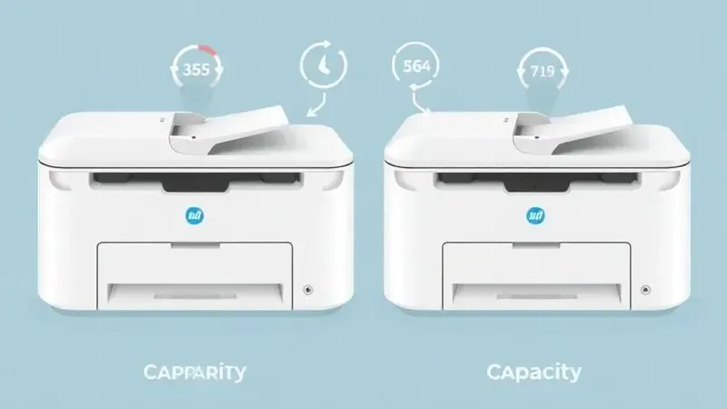 Gráfico conceitual abstrato comparando silhuetas de impressoras e suas capacidades técnicas.