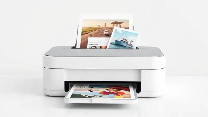 Renderização 3D de documentos coloridos e vibrantes saindo de uma impressora tanque de tinta genérica, destacando a qualidade de cores.