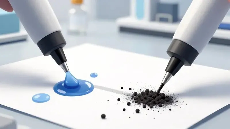 Ilustração conceitual comparando tecnologias de tinta líquida e toner em pó para impressoras