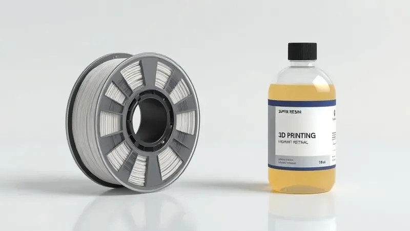 Comparativo visual entre um carretel de filamento e uma garrafa de resina genérica para impressão 3D em um ambiente de estúdio clean.