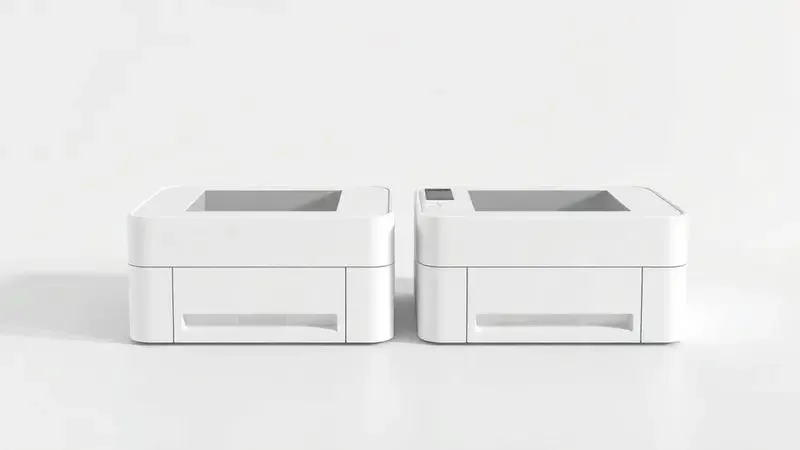 Renderização 3D conceitual de duas silhuetas de impressoras modernas e sem marca, representando a escolha entre diferentes modelos.