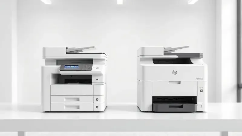 Representação 3D de duas impressoras conceituais em uma mesa de escritório minimalista para comparação.