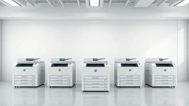 Conjunto de impressoras laser coloridas genéricas em um ambiente de exposição minimalista e moderno.