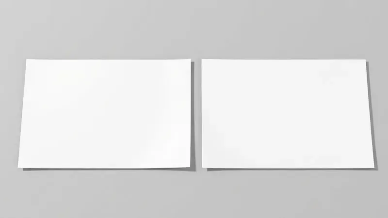 Renderização 3D comparando uma folha de papel com brilho intenso e uma folha com textura fosca suave (luster).