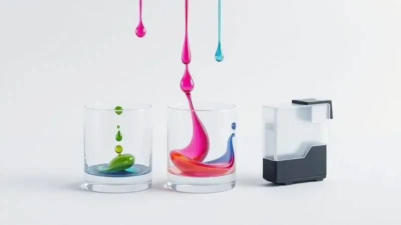 Renderização 3D de gotas de tinta coloridas entrando em tanques transparentes e um cartucho estilizado ao lado.