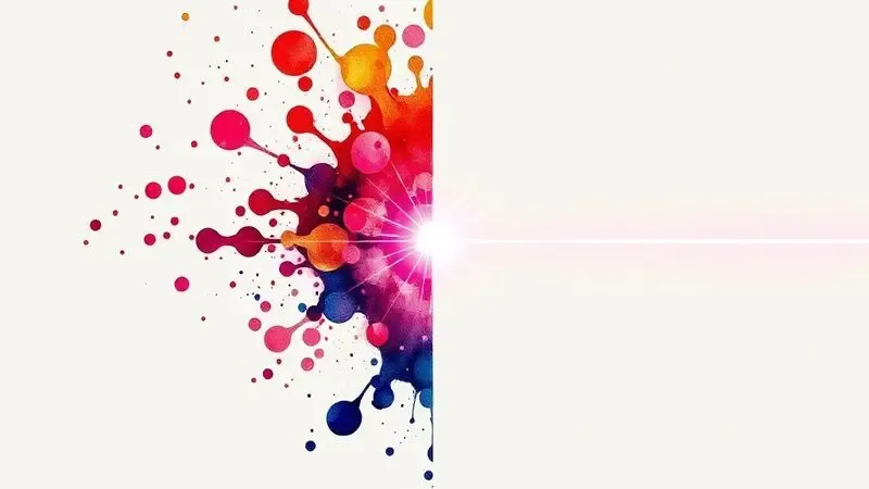 Ilustração conceitual comparando a tecnologia de microgotas de tinta com o feixe de laser em uma superfície branca.
