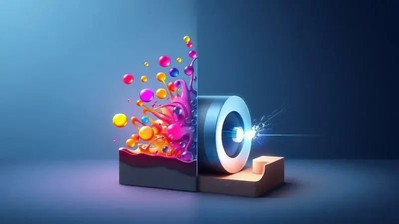 Ilustração digital comparando de forma conceitual as tecnologias de jato de tinta e laser com cores vibrantes e feixes de luz.