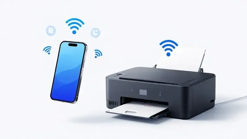 Componentes necessários para imprimir do celular ilustrados artisticamente: smartphone, impressora e conexões