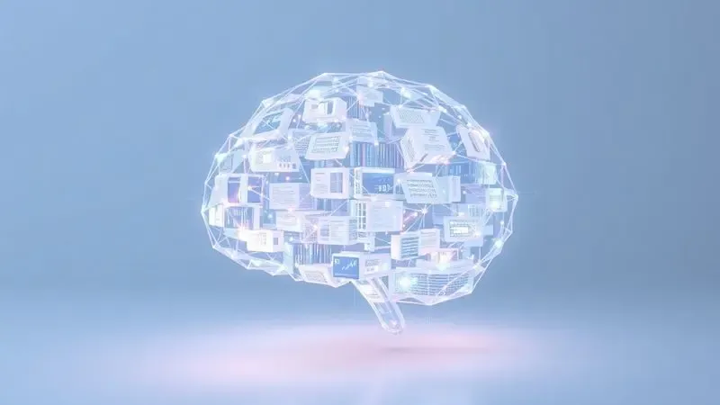 Ilustração 3D de uma biblioteca digital conectada representando a organização e centralização do conhecimento técnico de TI.