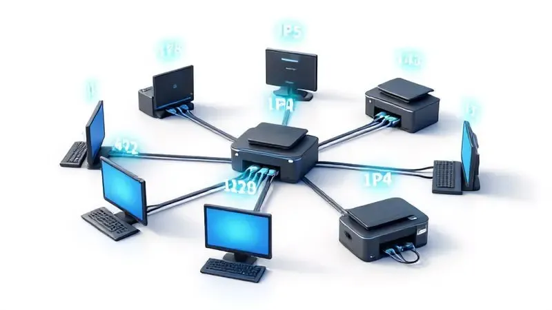Diagrama conceitual de rede mostrando computadores e impressora conectados com números IP visíveis