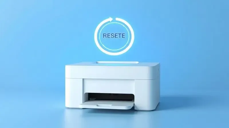Ilustração digital 3D de uma impressora genérica com um símbolo de reset brilhante flutuando sobre ela.