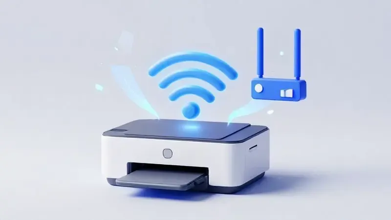 Ilustração conceitual da configuração wireless de impressora via Wi-Fi