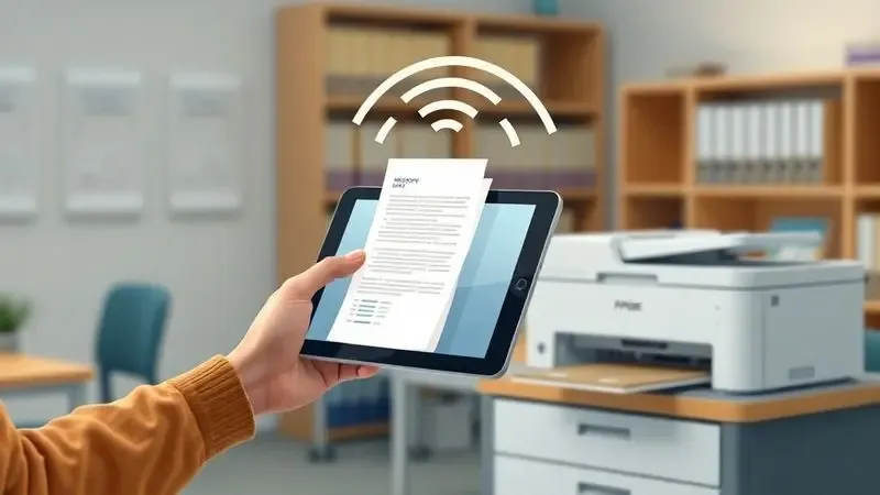 Ilustração de um estudante usando um tablet para enviar um arquivo para impressão sem fio em uma sala de estudos moderna.