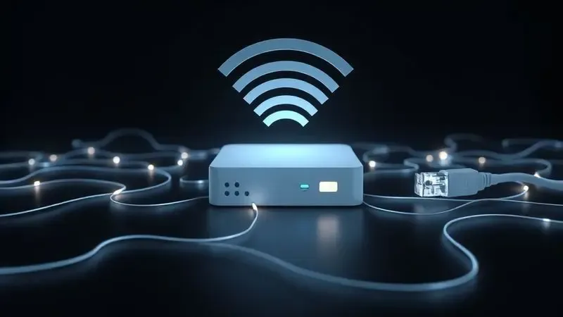 Representação conceitual em 3D de conexões sem fio e cabos conectando-se a um dispositivo de processamento de dados.