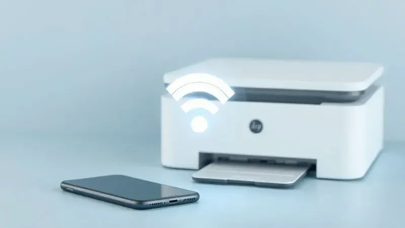 Ilustração 3D de ícone de wi-fi conectando um smartphone a uma impressora, simbolizando conectividade moderna.
