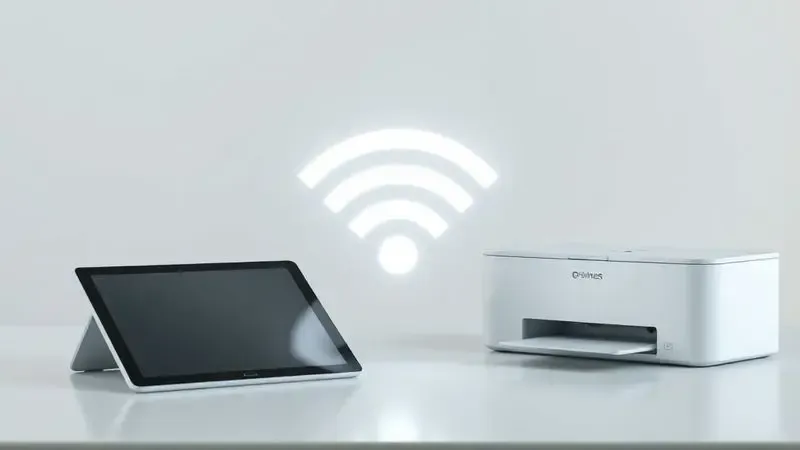 Ilustração digital de um símbolo de Wi-Fi flutuando entre dispositivos eletrônicos, representando a facilidade da conectividade sem fio.