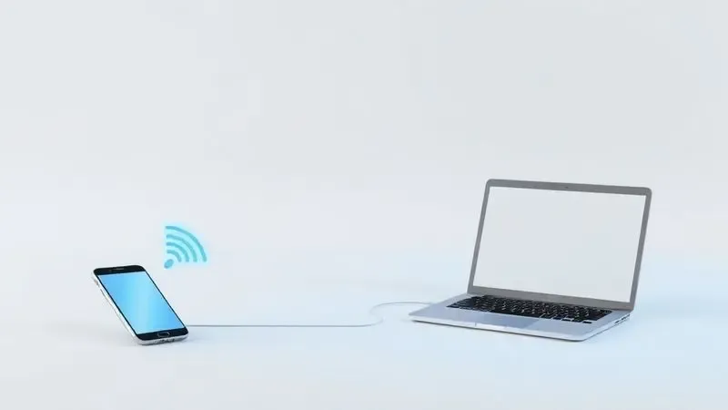 Representação 3D de ondas de sinal wireless conectando um notebook e um smartphone a uma impressora moderna.