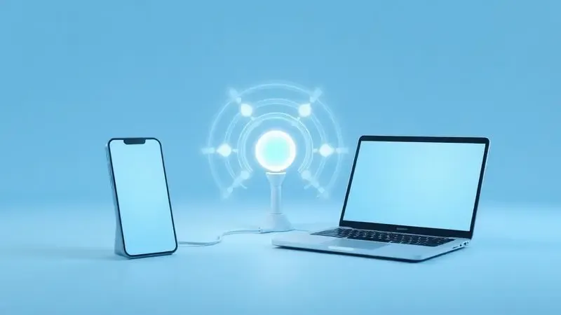 Conceito visual de conectividade sem fio entre um smartphone, um notebook e um ponto central de conexão.