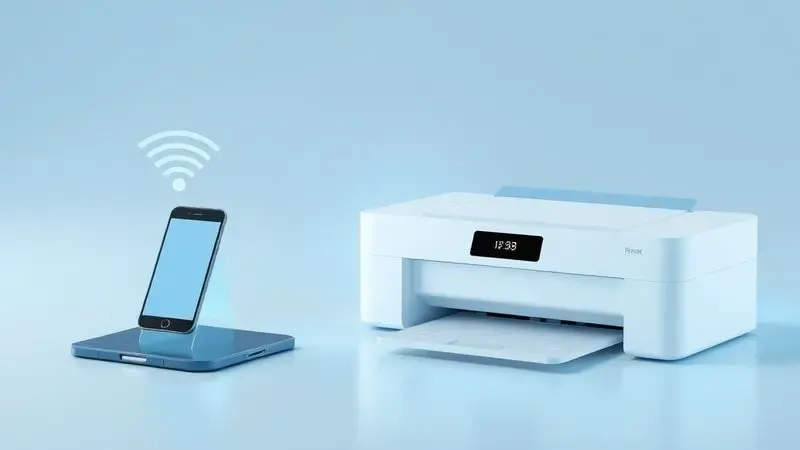 Representação conceitual em 3D de ondas de sinal conectando dispositivos móveis a uma impressora moderna e genérica.