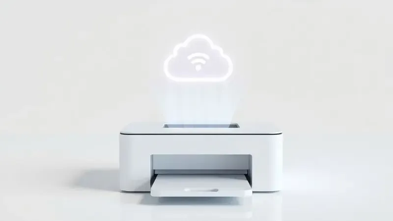 Ícones holográficos de Wi-Fi e nuvem flutuando sobre uma impressora minimalista para representar conectividade moderna.