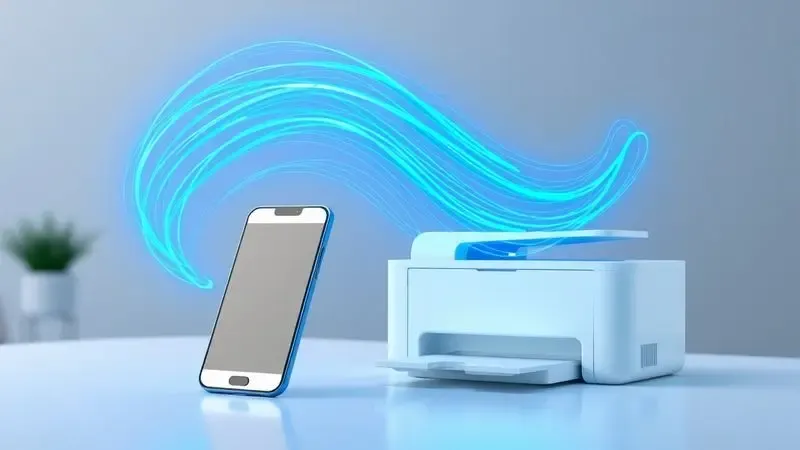 Ilustração conceitual de ondas de sinal digital azul conectando um smartphone a uma impressora minimalista em um escritório.