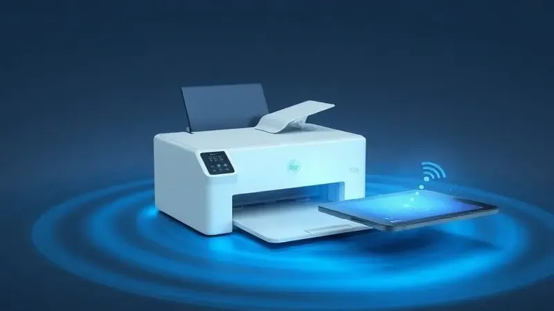 Ilustração conceitual de conectividade sem fio entre um tablet e uma impressora com ondas de sinal suaves.