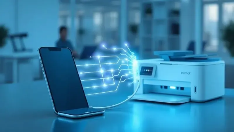 Ilustração digital de ondas de sinal conectando um smartphone a uma impressora moderna, representando conectividade Wi-Fi.