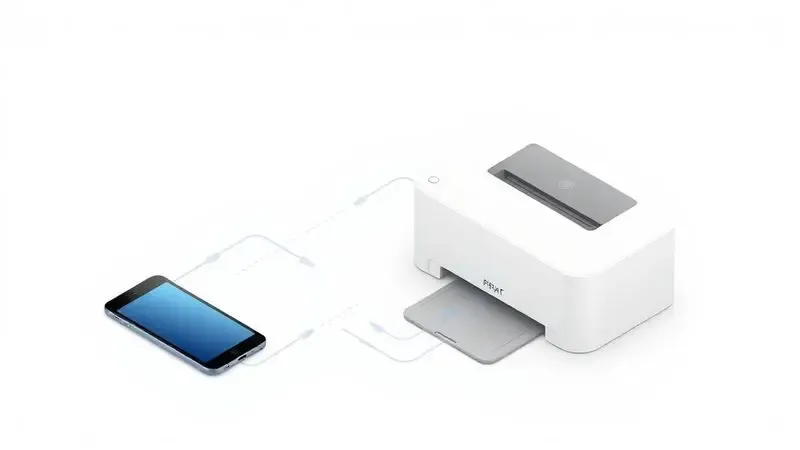 Representação visual de sinais wireless azuis conectando um smartphone a uma impressora compacta estilizada.