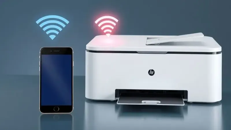 Ilustração digital de dispositivos móveis conectando-se sem fio a uma impressora moderna através de sinais de Wi-Fi.