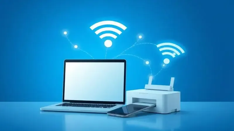 Ilustração digital de ondas de sinal conectando dispositivos móveis a uma impressora, representando a facilidade da conectividade wireless.